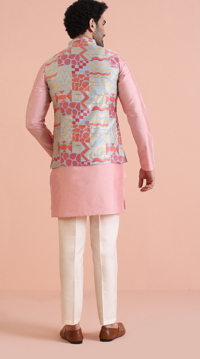 Men’s Textured Zari Woven Nehru Jacket – Silk Blend Mandarin Collar Regular Fit Waistcoat - Rajvari