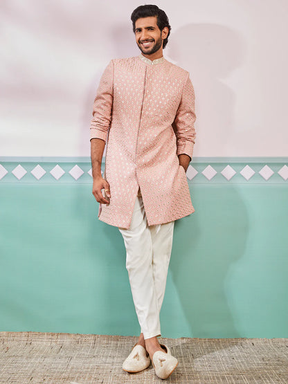 Men’s Peach Embroidered Indo-Western Set with Pyjama – Mandarin Collar Traditional Outfit - Rajvari
