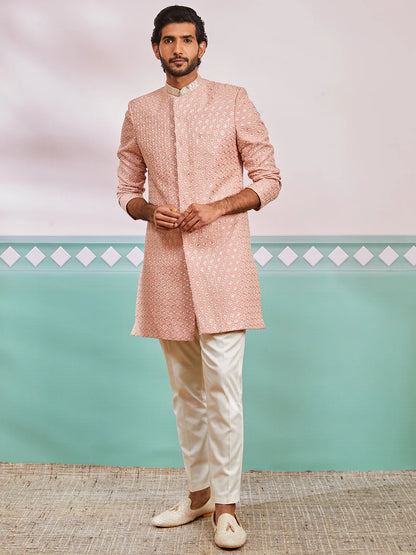 Men’s Peach Embroidered Indo-Western Set with Pyjama – Mandarin Collar Traditional Outfit - Rajvari