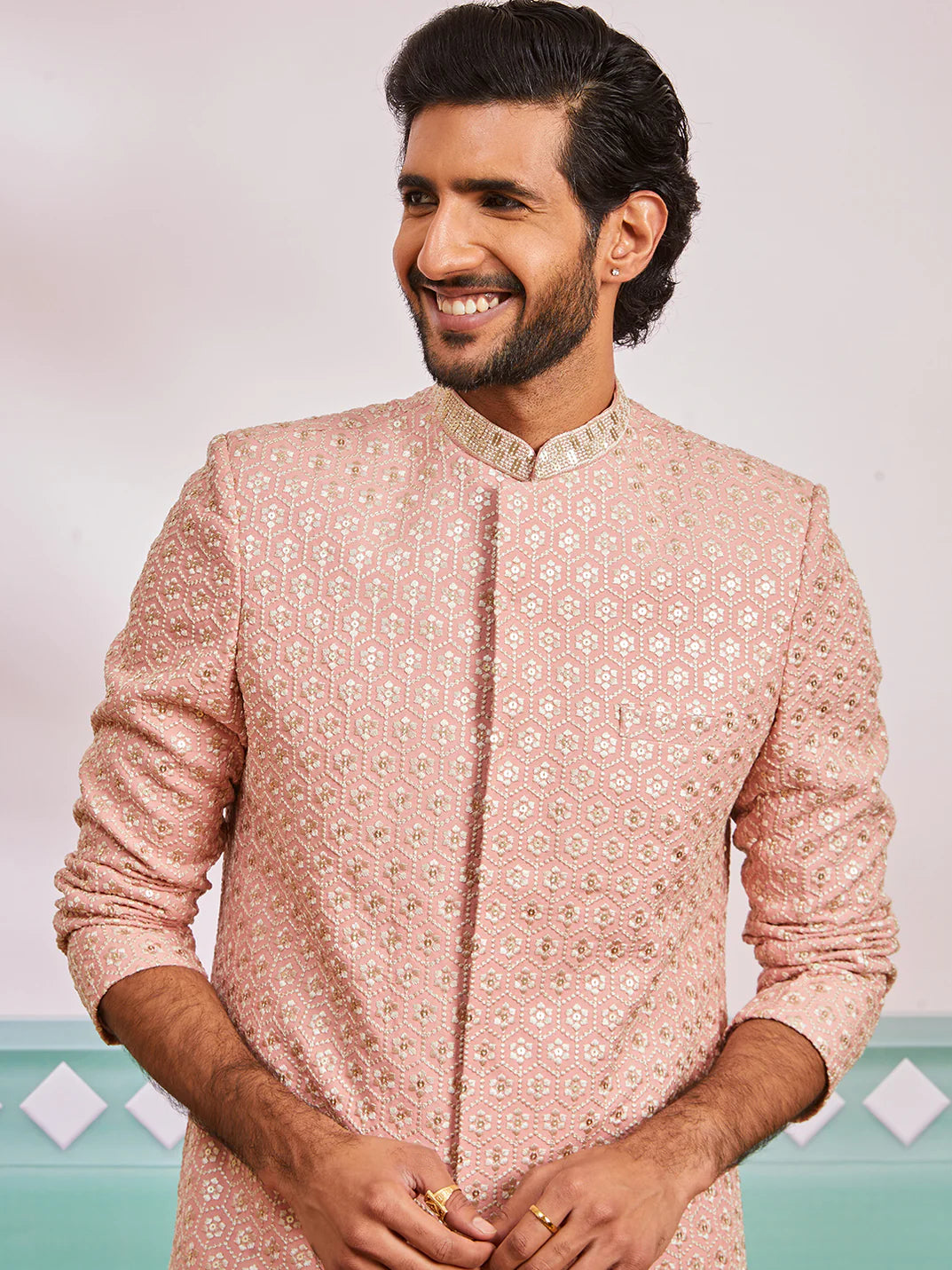 Men’s Peach Embroidered Indo-Western Set with Pyjama – Mandarin Collar Traditional Outfit - Rajvari