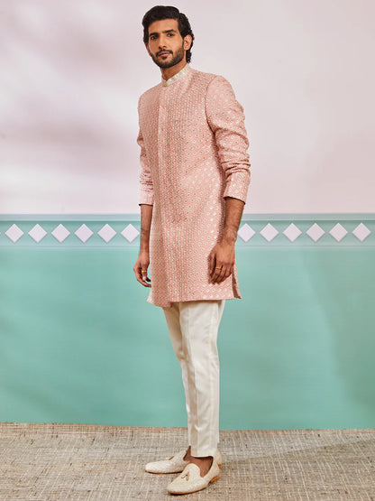 Men’s Peach Embroidered Indo-Western Set with Pyjama – Mandarin Collar Traditional Outfit - Rajvari