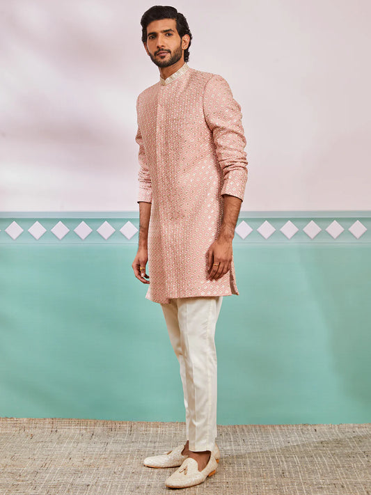 Men’s Peach Embroidered Indo-Western Set with Pyjama – Mandarin Collar Traditional Outfit - Rajvari