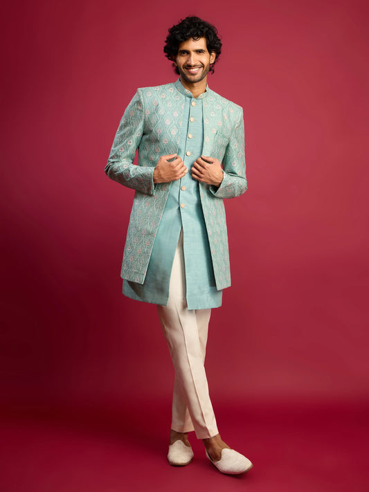 Men’s Mint Green Embroidered Indo-Western Set with Cream Pants – Silk Blend Festive Outfit - Rajvari