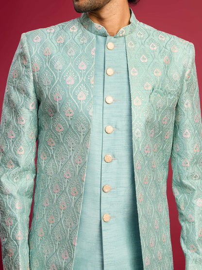 Men’s Mint Green Embroidered Indo-Western Set with Cream Pants – Silk Blend Festive Outfit - Rajvari