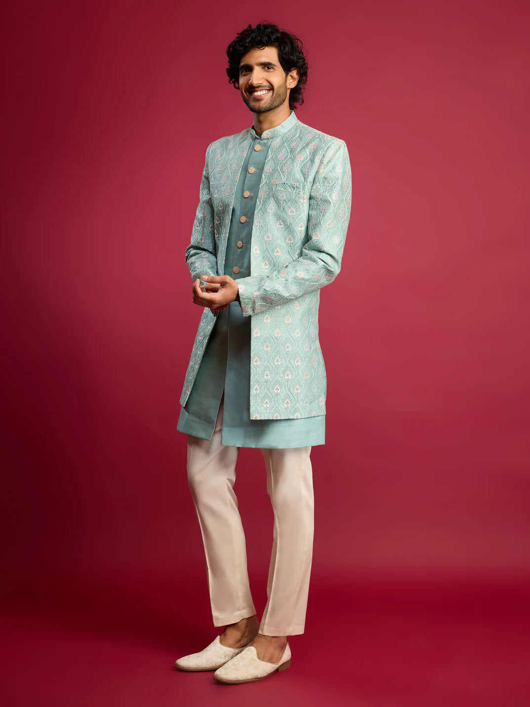 Men’s Mint Green Embroidered Indo-Western Set with Cream Pants – Silk Blend Festive Outfit - Rajvari