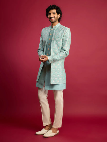 Men’s Mint Green Embroidered Indo-Western Set with Cream Pants – Silk Blend Festive Outfit - Rajvari