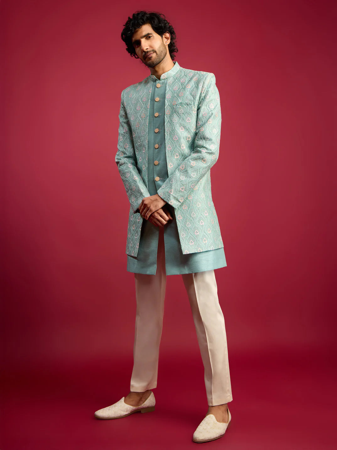 Men’s Mint Green Embroidered Indo-Western Set with Cream Pants – Silk Blend Festive Outfit - Rajvari