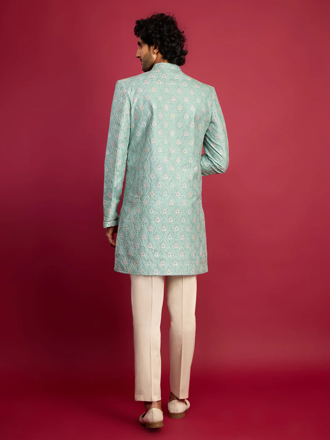 Men’s Mint Green Embroidered Indo-Western Set with Cream Pants – Silk Blend Festive Outfit - Rajvari