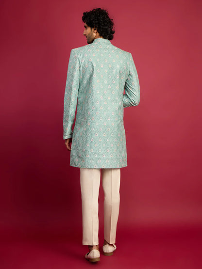 Men’s Mint Green Embroidered Indo-Western Set with Cream Pants – Silk Blend Festive Outfit - Rajvari