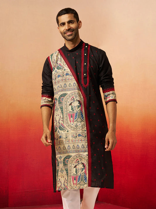 Men’s Black Digital Print Kurta – High Neck Cotton Festive Kurta - Rajvari