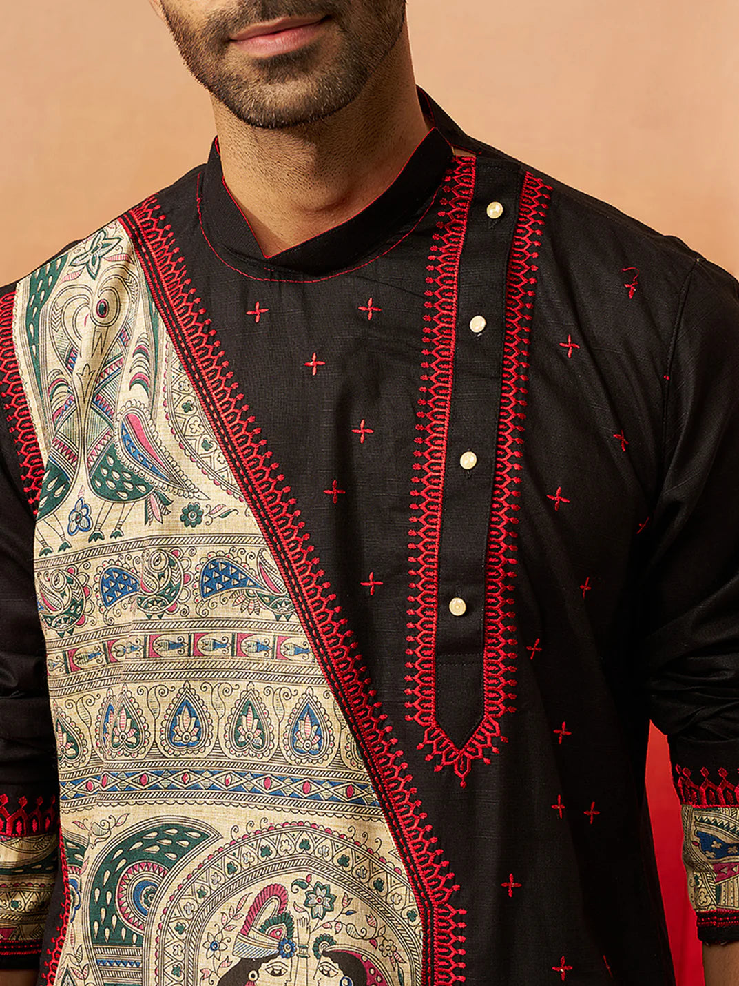 Men’s Black Digital Print Kurta – High Neck Cotton Festive Kurta - Rajvari