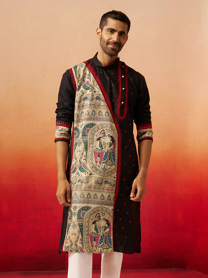 Men’s Black Digital Print Kurta – High Neck Cotton Festive Kurta - Rajvari