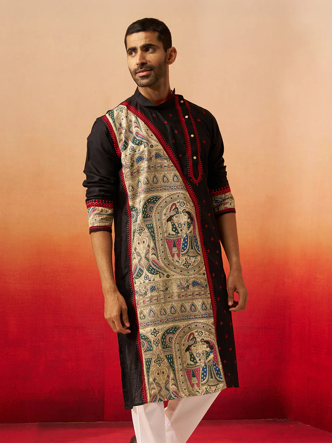 Men’s Black Digital Print Kurta – High Neck Cotton Festive Kurta - Rajvari