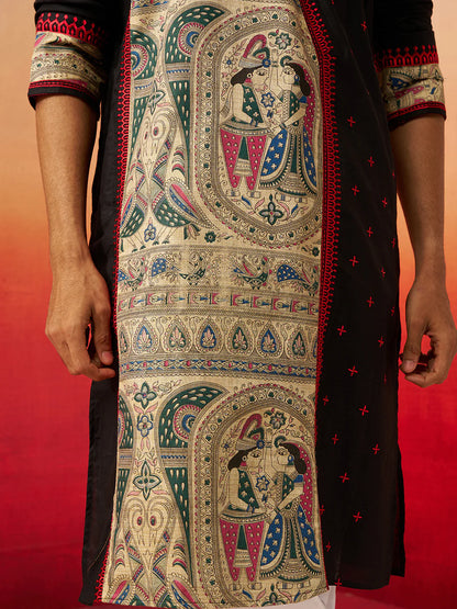 Men’s Black Digital Print Kurta – High Neck Cotton Festive Kurta - Rajvari