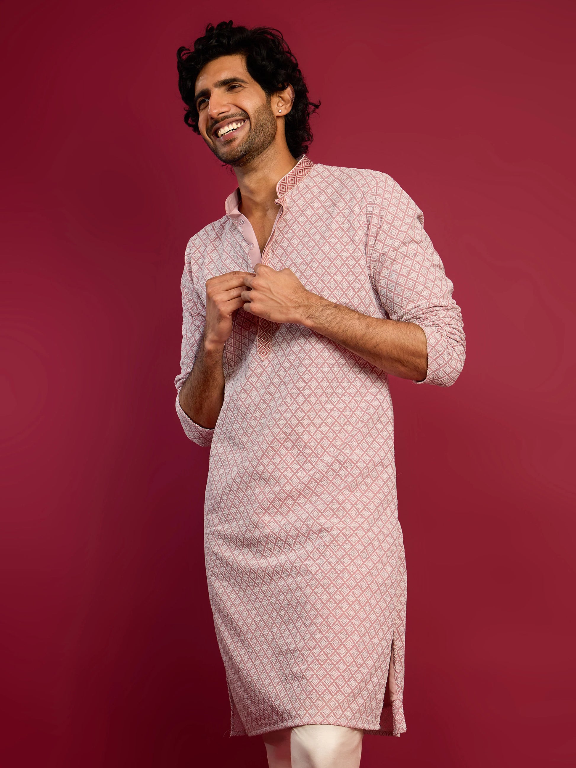 Men’s Pink Embroidered Long Kurta – Faux Georgette Mandarin Collar Festive Kurta - Rajvari