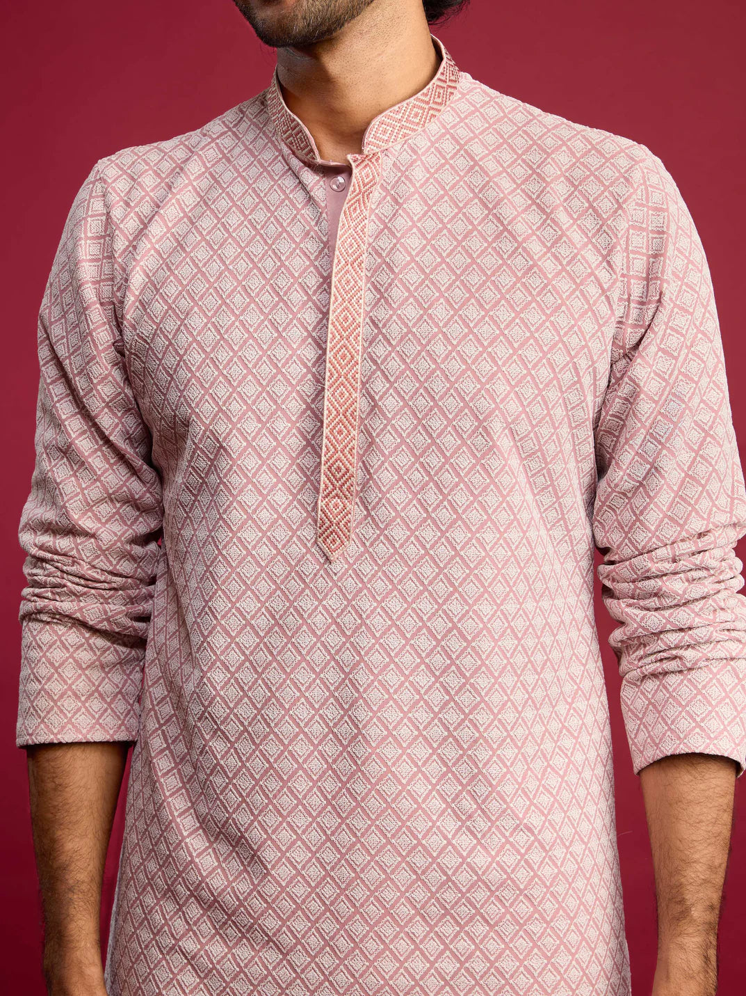Men’s Pink Embroidered Long Kurta – Faux Georgette Mandarin Collar Festive Kurta - Rajvari