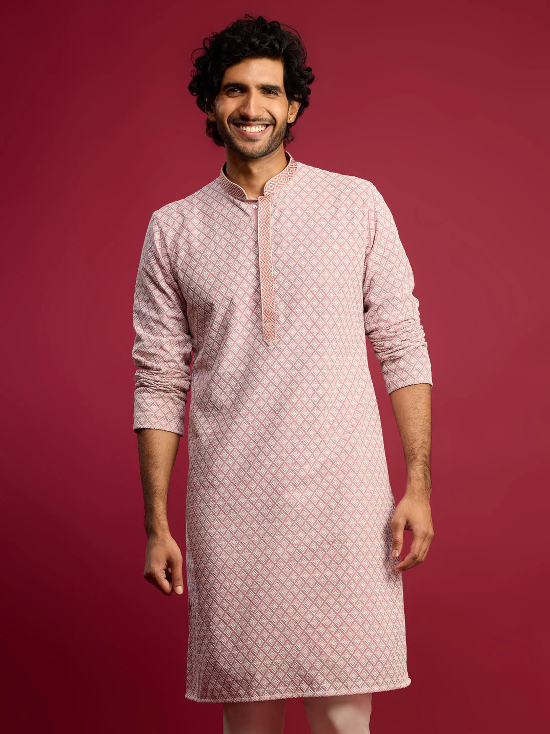 Men’s Pink Embroidered Long Kurta – Faux Georgette Mandarin Collar Festive Kurta - Rajvari