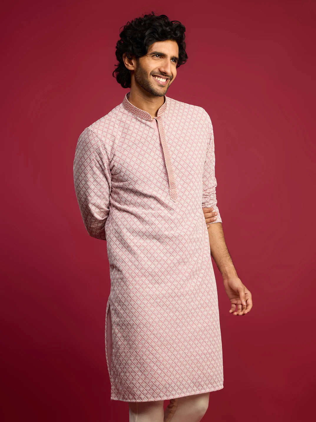 Men’s Pink Embroidered Long Kurta – Faux Georgette Mandarin Collar Festive Kurta - Rajvari