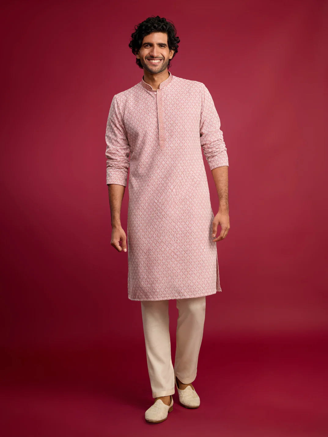 Men’s Pink Embroidered Long Kurta – Faux Georgette Mandarin Collar Festive Kurta - Rajvari