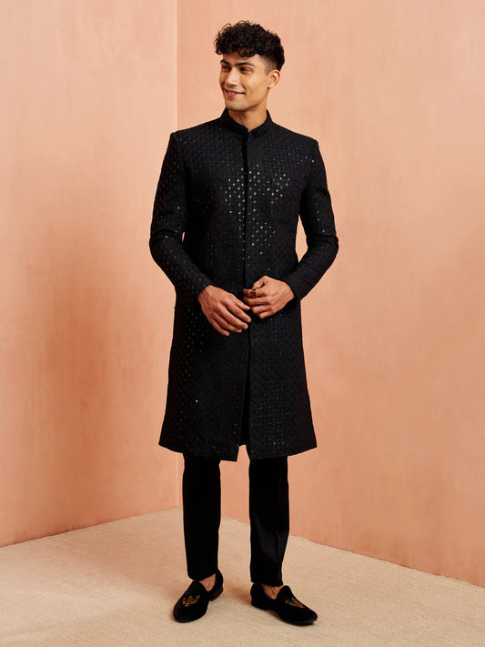 Men’s Black Sequin Embroidered Sherwani Set – Silk Blend Kurta & Satin Pyjama 3-Piece Traditional Outfit - Rajvari