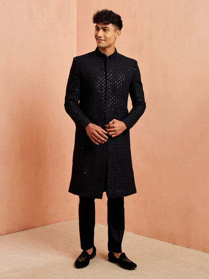 Men’s Black Sequin Embroidered Sherwani Set – Silk Blend Kurta & Satin Pyjama 3-Piece Traditional Outfit - Rajvari