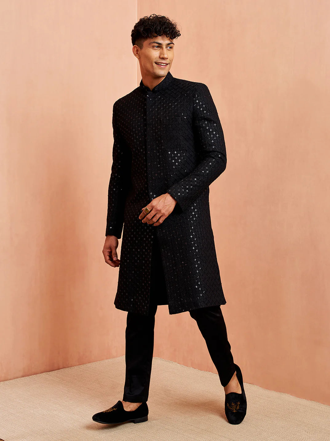 Men’s Black Sequin Embroidered Sherwani Set – Silk Blend Kurta & Satin Pyjama 3-Piece Traditional Outfit - Rajvari