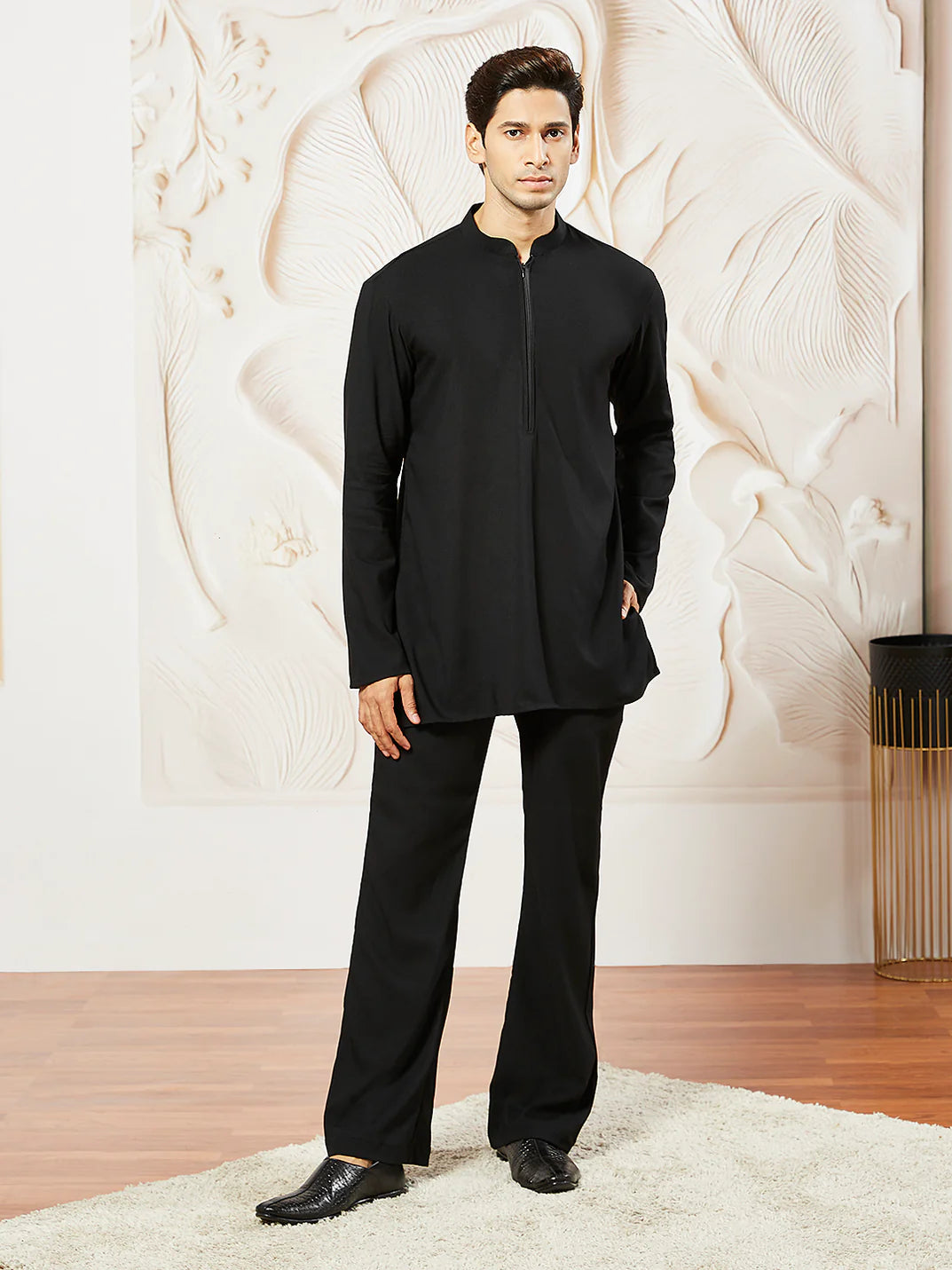 Men’s Black Silk Blend Kurta – Mandarin Collar Solid Traditional Kurta - Rajvari