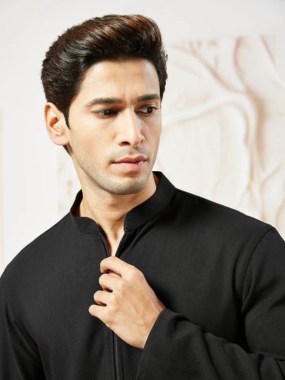Men’s Black Silk Blend Kurta – Mandarin Collar Solid Traditional Kurta - Rajvari