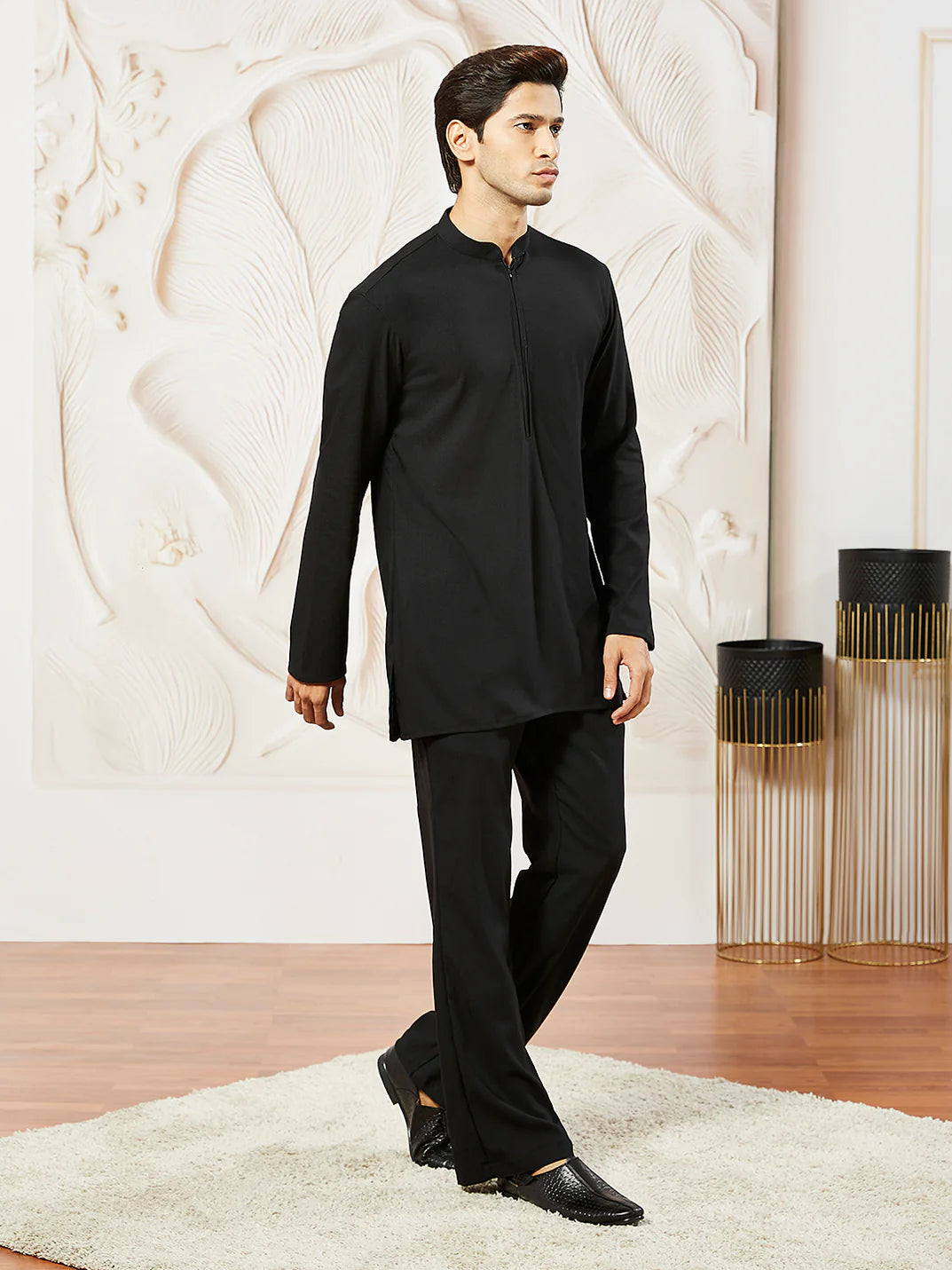 Men’s Black Silk Blend Kurta – Mandarin Collar Solid Traditional Kurta - Rajvari