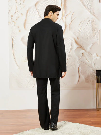 Men’s Black Silk Blend Kurta – Mandarin Collar Solid Traditional Kurta - Rajvari