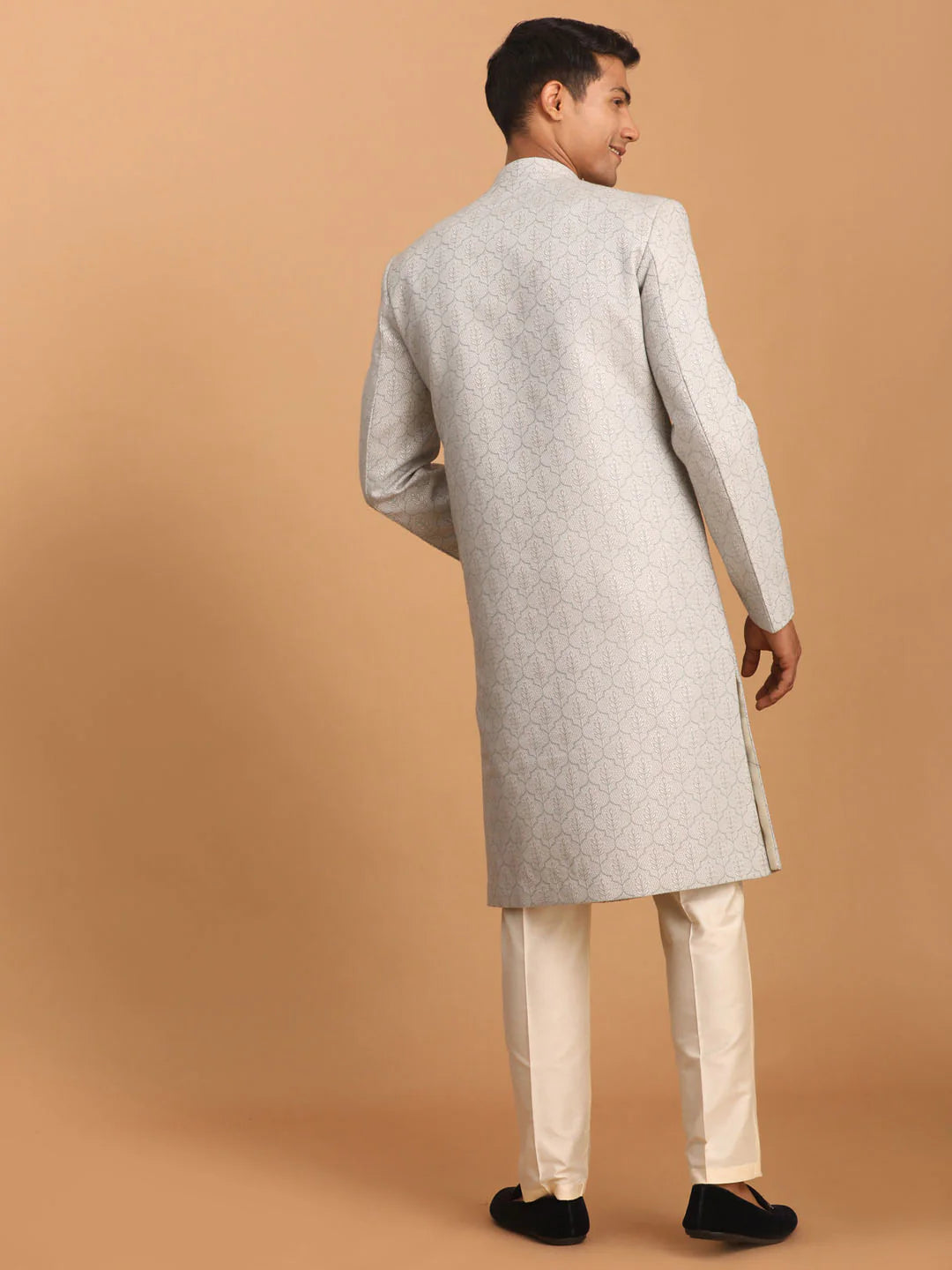 Men’s Grey Jacquard Sherwani with Cream Pants – Mandarin Collar Woven Traditional Set - Rajvari