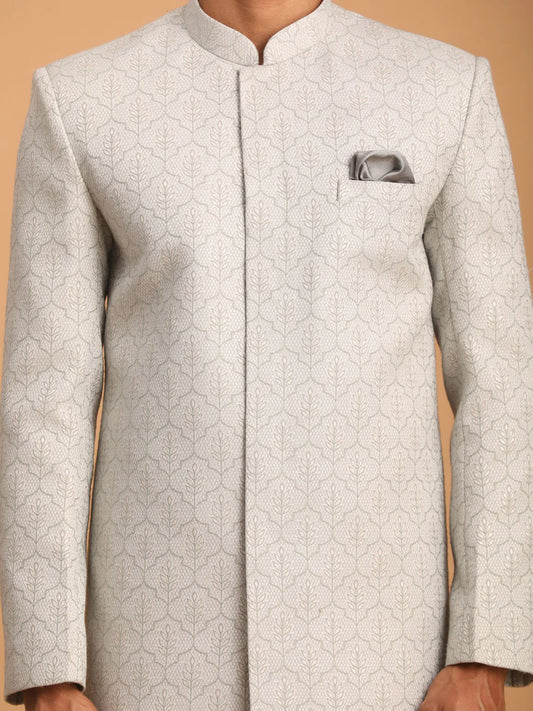 Men’s Grey Jacquard Sherwani with Cream Pants – Mandarin Collar Woven Traditional Set - Rajvari