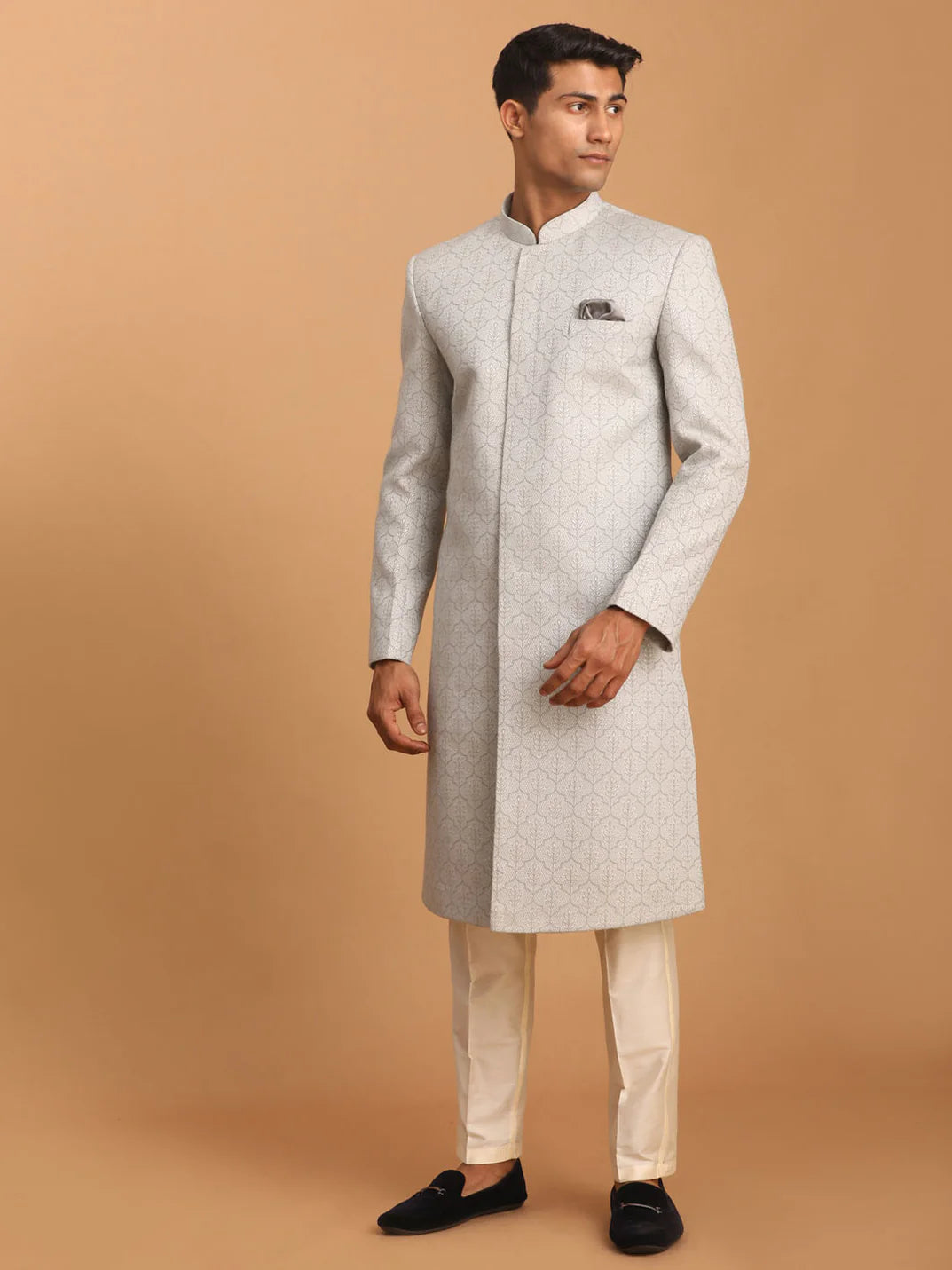 Men’s Grey Jacquard Sherwani with Cream Pants – Mandarin Collar Woven Traditional Set - Rajvari
