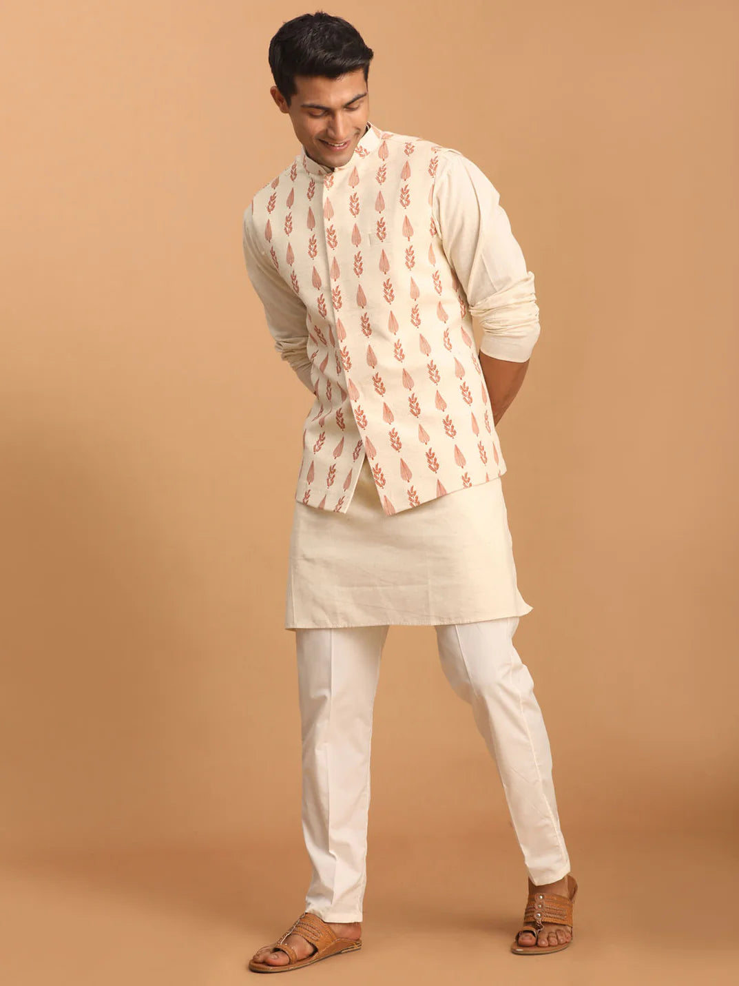 Men’s Cream Leaf Printed Nehru Jacket with Kurta & Pant Set – Cotton 3-Piece Traditional Outfit - Rajvari