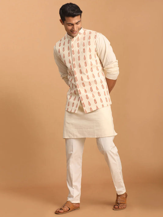 Men’s Cream Leaf Printed Nehru Jacket with Kurta & Pant Set – Cotton 3-Piece Traditional Outfit - Rajvari