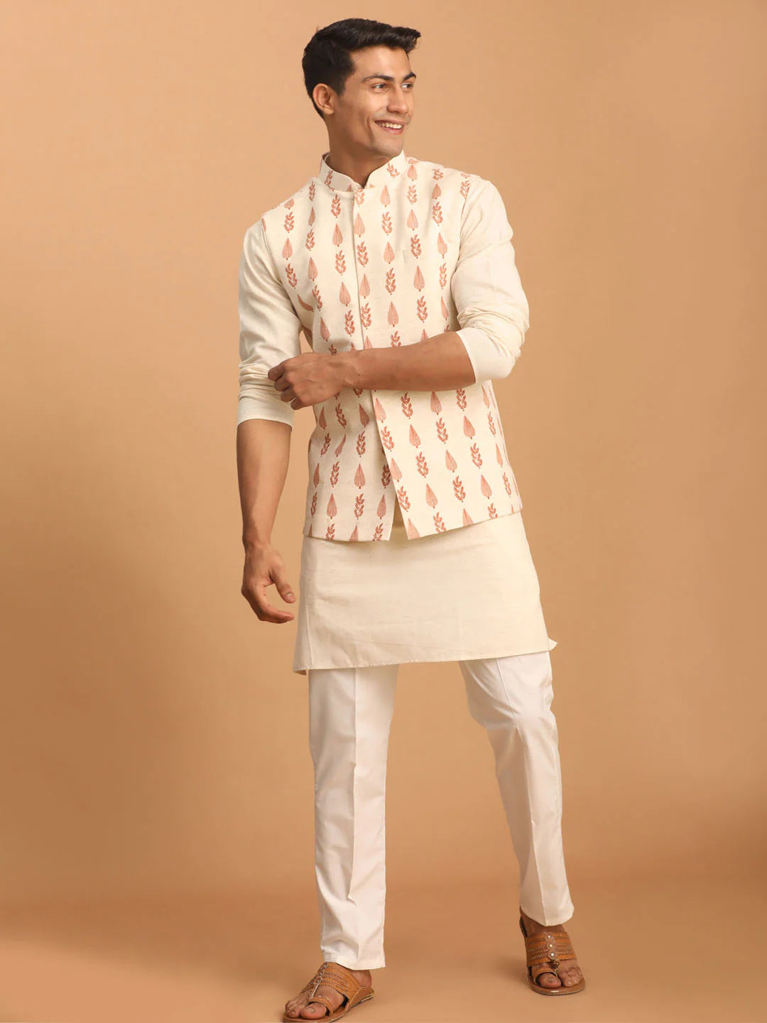 Men’s Cream Leaf Printed Nehru Jacket with Kurta & Pant Set – Cotton 3-Piece Traditional Outfit - Rajvari