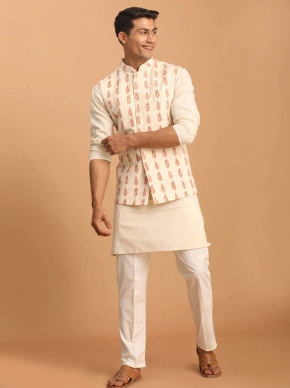 Men’s Cream Leaf Printed Nehru Jacket with Kurta & Pant Set – Cotton 3-Piece Traditional Outfit - Rajvari
