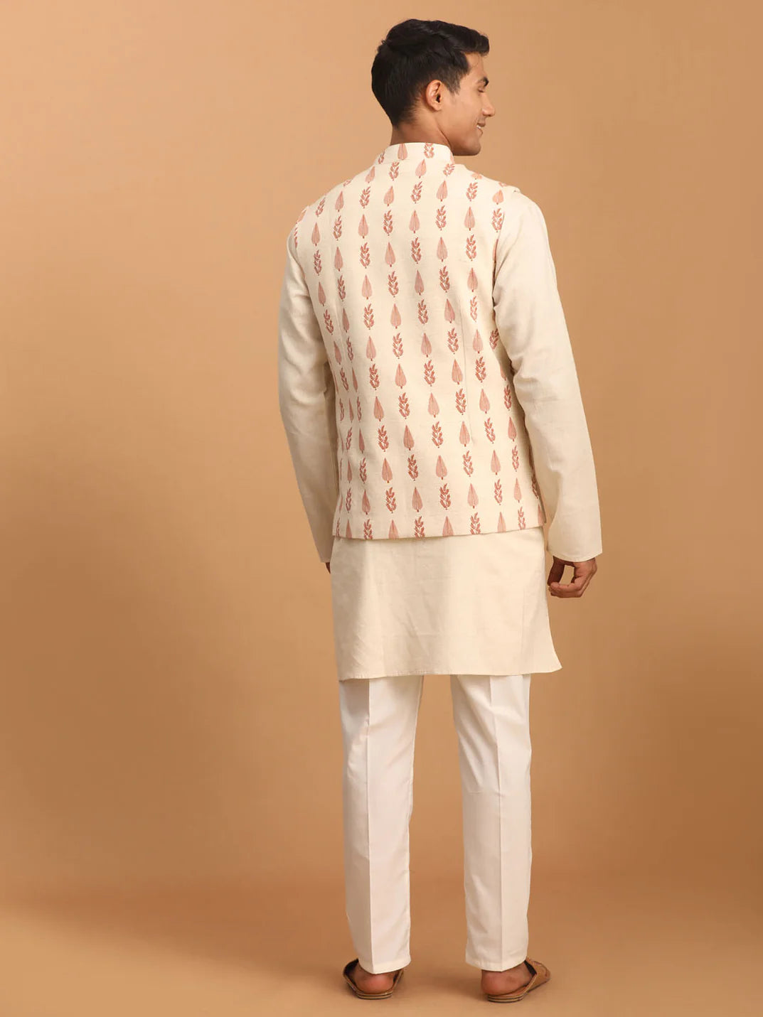 Men’s Cream Leaf Printed Nehru Jacket with Kurta & Pant Set – Cotton 3-Piece Traditional Outfit - Rajvari