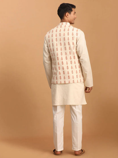 Men’s Cream Leaf Printed Nehru Jacket with Kurta & Pant Set – Cotton 3-Piece Traditional Outfit - Rajvari
