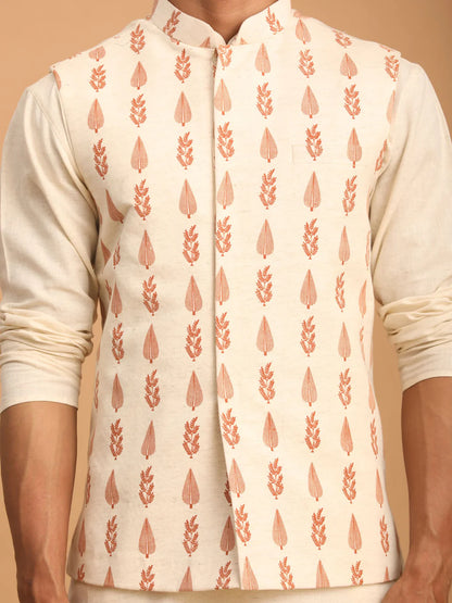 Men’s Cream Leaf Printed Nehru Jacket with Kurta & Pant Set – Cotton 3-Piece Traditional Outfit - Rajvari