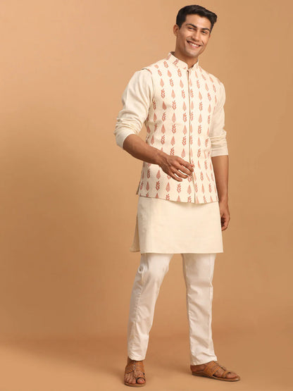 Men’s Cream Leaf Printed Nehru Jacket with Kurta & Pant Set – Cotton 3-Piece Traditional Outfit - Rajvari
