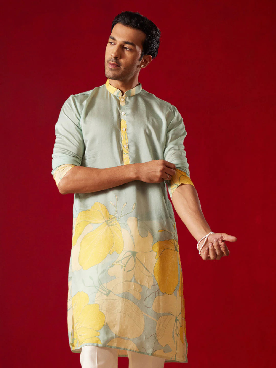 Men’s Yellow Floral Printed Cotton Kurta – Mandarin Collar Knee Length Traditional Kurta - Rajvari