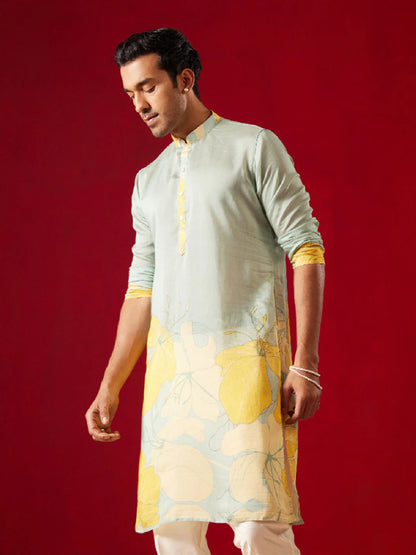 Men’s Yellow Floral Printed Cotton Kurta – Mandarin Collar Knee Length Traditional Kurta - Rajvari