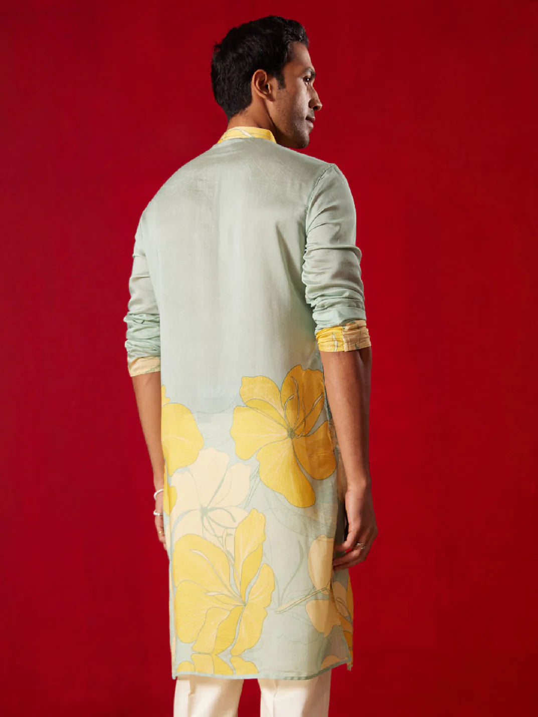 Men’s Yellow Floral Printed Cotton Kurta – Mandarin Collar Knee Length Traditional Kurta - Rajvari