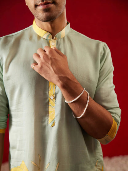 Men’s Yellow Floral Printed Cotton Kurta – Mandarin Collar Knee Length Traditional Kurta - Rajvari
