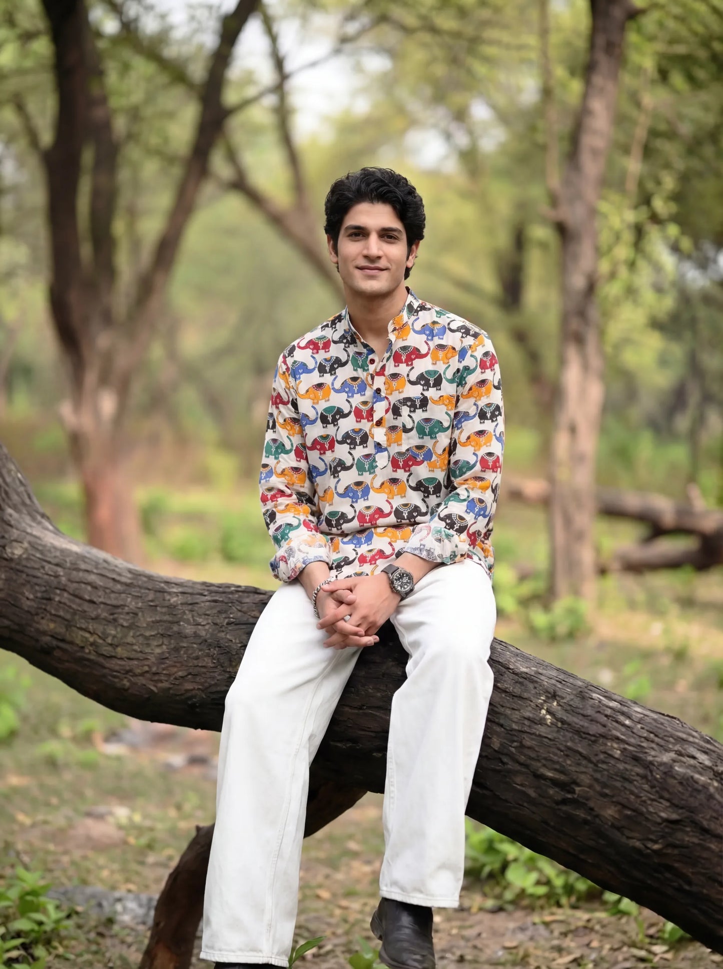Men’s Elephant Print Short Kurta – Colorful Cotton Casual Ethnic Kurta - Rajvari