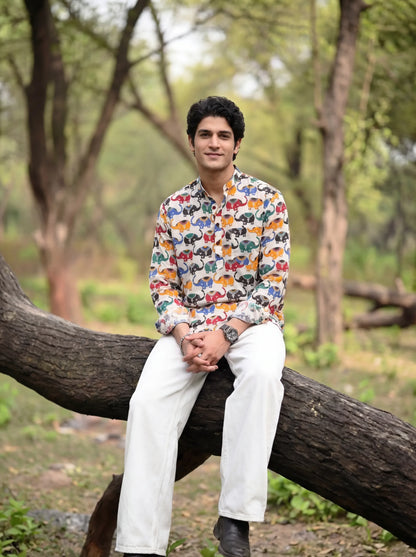 Men’s Elephant Print Short Kurta – Colorful Cotton Casual Ethnic Kurta - Rajvari