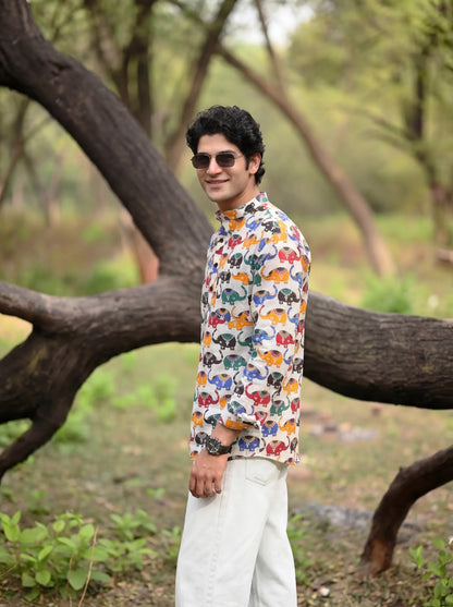 Men’s Elephant Print Short Kurta – Colorful Cotton Casual Ethnic Kurta - Rajvari