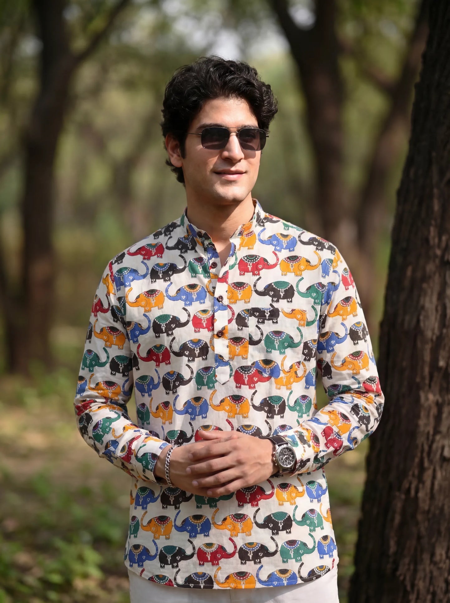 Men’s Elephant Print Short Kurta – Colorful Cotton Casual Ethnic Kurta - Rajvari