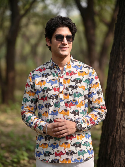 Men’s Elephant Print Short Kurta – Colorful Cotton Casual Ethnic Kurta - Rajvari